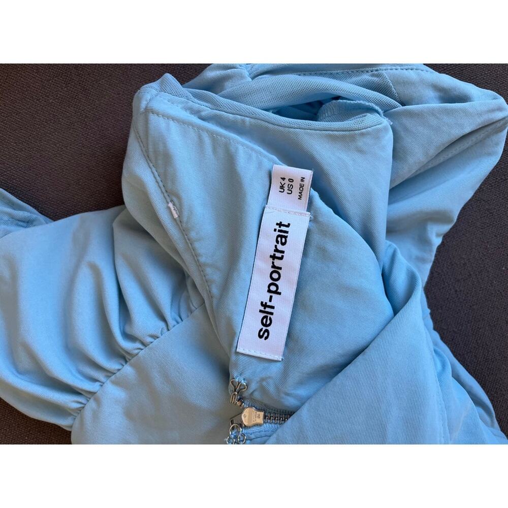 Self Portrait Light Blue Ruched Mesh Jersey Crossover Long Sleeve Top Size 0 - Picture 4 of 7